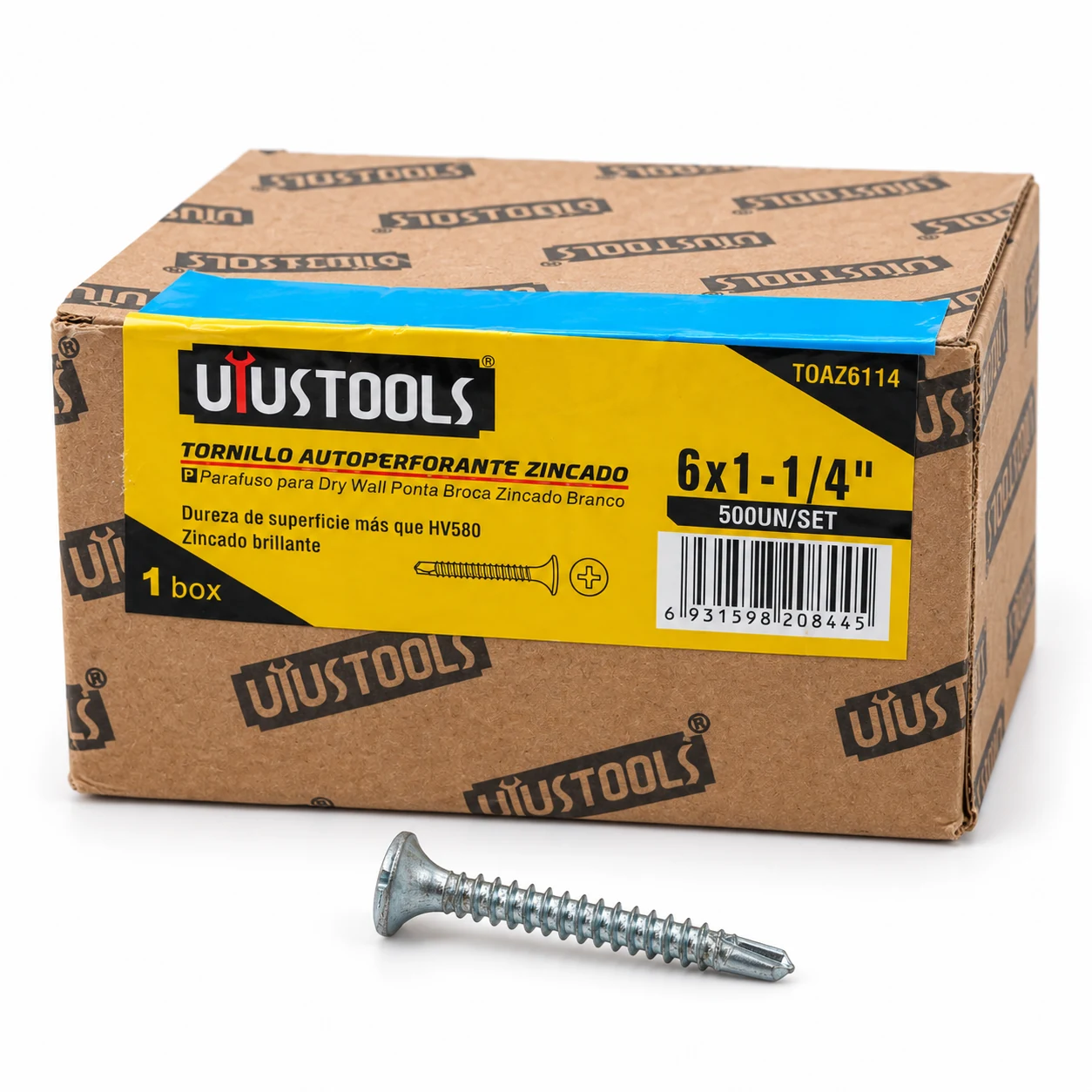 3.000 tornillos 6×1¼″ punta broca · Caja y producto