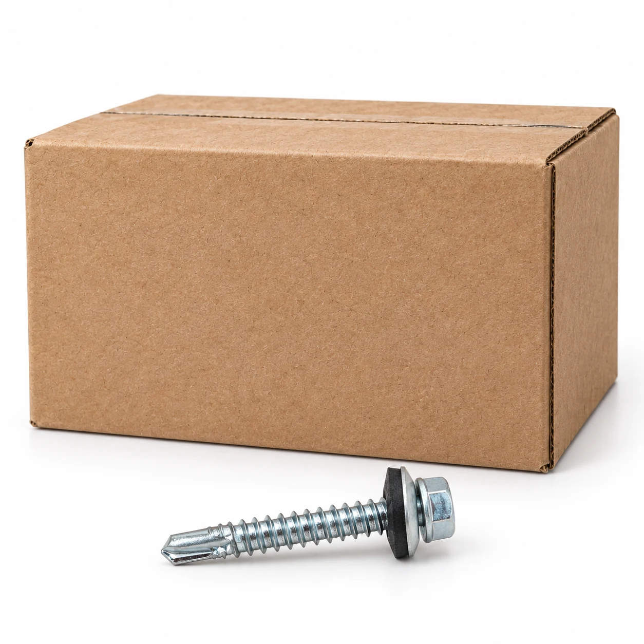 600 tornillos calamina 12×1½″ punta broca · Caja y producto