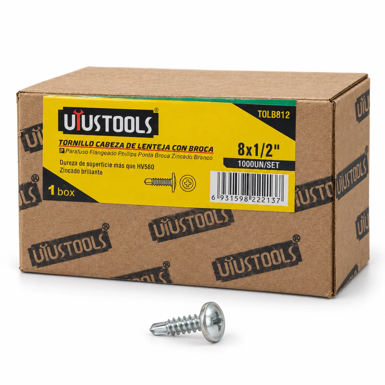 3.000 tornillos lenteja 8×½″ punta broca · Caja y producto